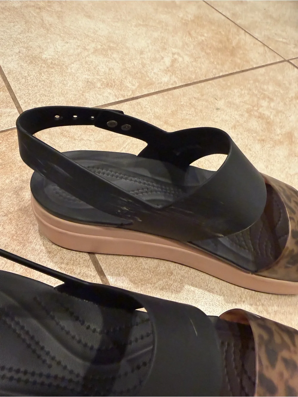 CROCS Women's Black and Leopard Print Wedge Sandals